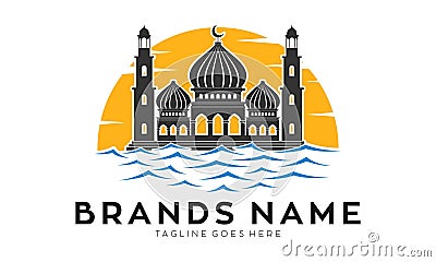 Mosque in the sea with sunset vector logo Vector Illustration