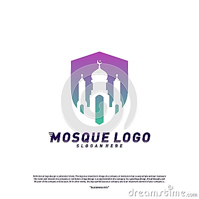Mosque with Shield logo design concept.Religion Islamic logo template vector. Icon symbol Vector Illustration