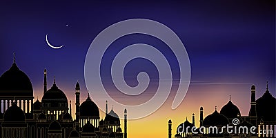 Mosque silhouette with blue, pink and orange sky sunset in evening, Peacful view of isamic mosque at night with crescent moon and Vector Illustration