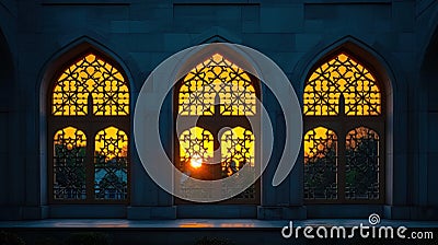 Mosque silhouette, illuminated windows, portraying unity, and shared spirituality with copy space Stock Photo