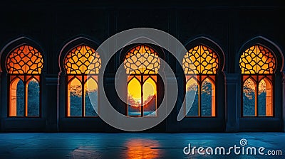 Mosque silhouette, illuminated windows, portraying unity, and shared spirituality with copy space Stock Photo