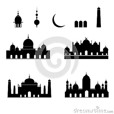 Mosque silhouettes collection. Vector illustration. Set of black icons isolated on white. Cartoon Illustration