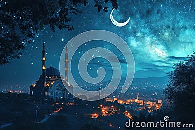 A mosque with stars at night, ramadan background Stock Photo