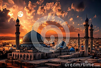 Mosque sunset sky, moon, holy night, islamic night , panaromic islamic wallpaper Stock Photo