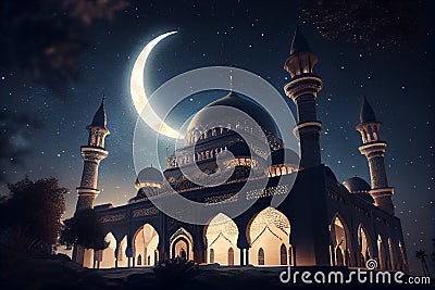Mosque sunset sky, moon, holy night, islamic night and silhouette mosque, AI Generated Stock Photo