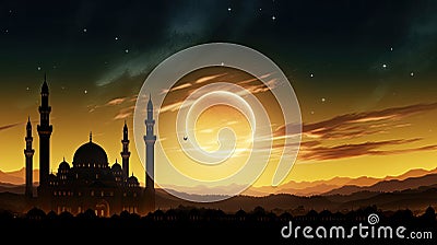 Mosque sunset sky, moon, holy night, islamic night and silhouette mosque, panaromic islamic wallpaper Stock Photo