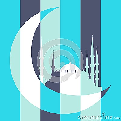 Mosque wih crescent moon card Vector Illustration