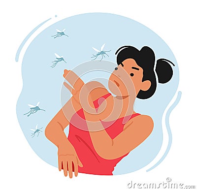 Mosquito Bite Woman Experiences Itching, Swelling, And Redness On Her Skin. Female Character Clapping the Insects Vector Illustration