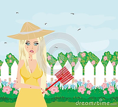 Mosquito bites girl in the garden Vector Illustration