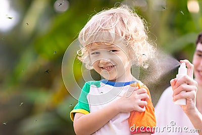 Mosquito on kids skin. Insect bite repellent Stock Photo