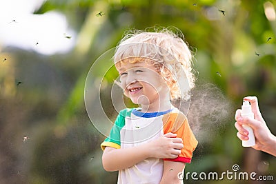 Mosquito on kids skin. Insect bite repellent Stock Photo