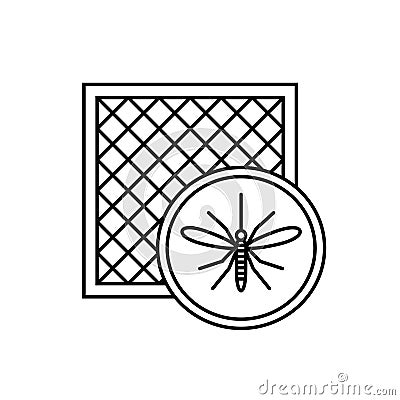 Mosquito net icon with window and mosquito silhouette. Vector Illustration