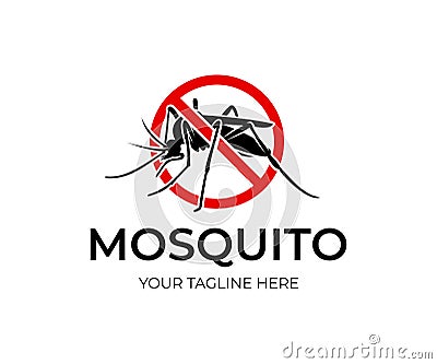 Mosquito in red circle with ban, logo design. Insect bloodsucking, nature and wildlife, vector Vector Illustration