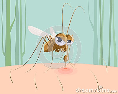 Mosquito sucking blood. Funny pest insect, mosquito bite red mark on skin cartoon vector illustration Vector Illustration