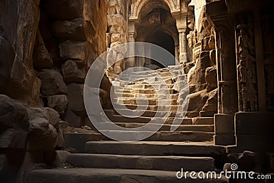 Moss-covered Ancient old stairs tomb. Generate Ai Stock Photo