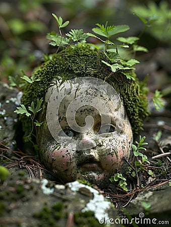 Moss-covered doll head emerging from forest floor Stock Photo