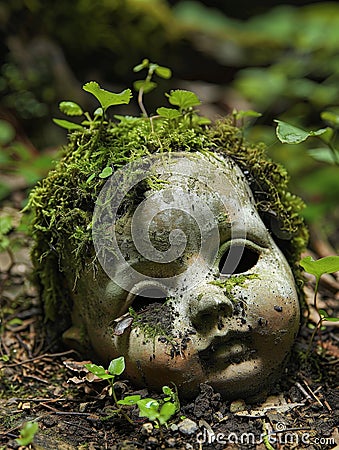 Moss-covered doll head in a forest setting Stock Photo