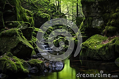 moss-covered rocks along a tranquil forest stream Stock Photo