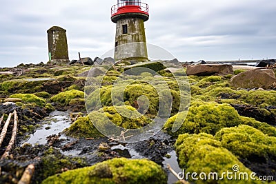 moss-covered stones at the base of an inland lighthouse Stock Photo