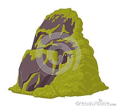 Moss plants grows on rock. Cartoon green creeping moss grows on stone. Moss on grey granite stone flat vector illustration Vector Illustration