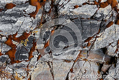 Moss on the stone. Cracks in the stone. Stock Photo
