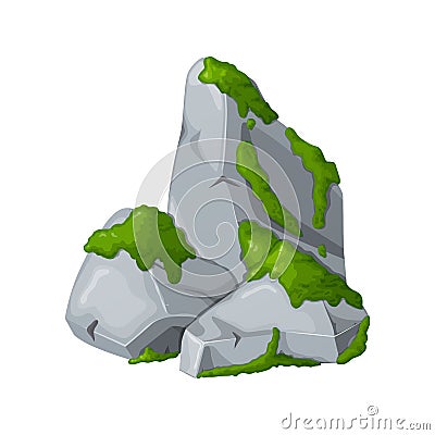 Moss on stones. Rocks and green lichen. Vector crag for computer games. Vector Illustration