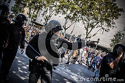 Mossos riot police in plaÃ§a Catalunya, in an independentist protest Editorial Stock Photo