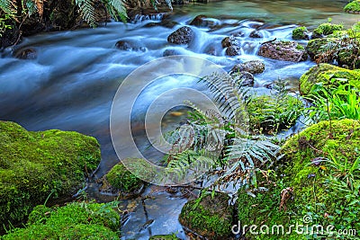 Mossy rocks in a swirling stream Stock Photo