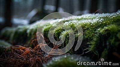 a mossy surface covered in snow and grass in a forest area with trees in the background and a fence in the foreground with snow Stock Photo