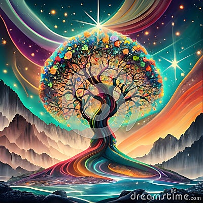 The most amazing tree of very colorful starlight. Stock Photo