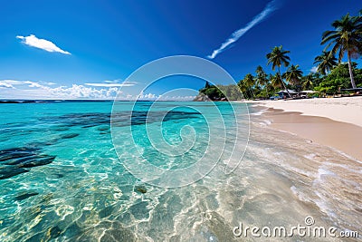 Most beautiful beach, where palm trees sway gently in the breeze, and the crystal-clear waters. AI Generated Stock Photo