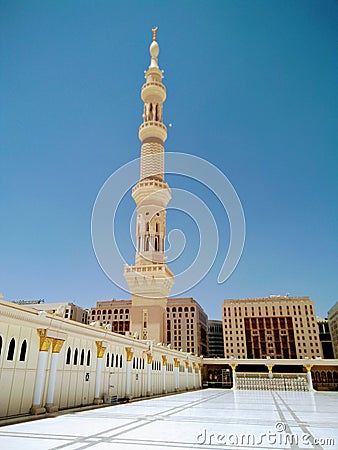 Most beautiful Minaret in Islamic architecture view from the roof of Medina& x27;s modque Stock Photo