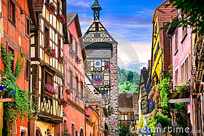 Most beautiful villages of France - Riquewihr in Alsace. Famous Stock Photo