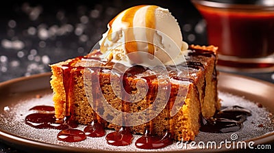 The Most Delicious Brown Sugar Date Cake Top with Luscious Light Brown Syrup Topped with Vanilla Ice Cream Background Selective Stock Photo