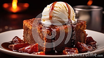 The Most Delicious Brown Sugar Date Cake Top with Luscious Light Brown Syrup Topped with Vanilla Ice Cream Background Selective Stock Photo