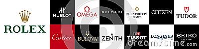 Most famous logo brands clock producer, Rolex, Cartier, Hublot, Bulova, Omega, Tissot, Zenith, Bulgari, Longines, Patek Philippe, Vector Illustration