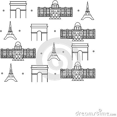 Most famous places in Paris as a background separated by dots. Louvre Museum, Eiffel tower, triumphal arch Editorial Stock Photo