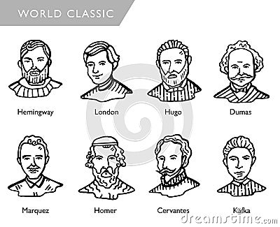 Famous world writers, vector portraits, Hemingway, London, Hugo, Dumas, Marquez, Homer, Cervantes, Kafka Vector Illustration