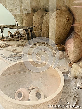 Amphorae found in antique graves on display at the British Museum in London United Kingdom Editorial Stock Photo