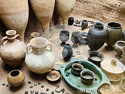 Amphorae found in antique graves on display at the British Museum in London United Kingdom Editorial Stock Photo