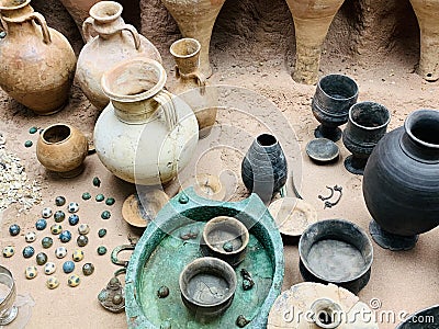 Amphorae found in antique graves on display at the British Museum in London United Kingdom Editorial Stock Photo