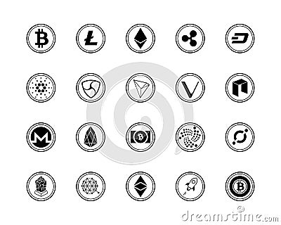 20 most popular cryptocurrency logo set. Vector Illustration