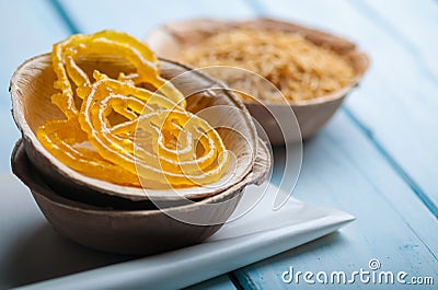 Most popular Indian savory or food - Jalebi and sev. Stock Photo