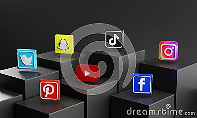 Most Popular Social Media Icon on 3D Rendering Black Cubes Editorial Stock Photo