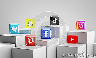 Most Popular Social Media Icon on 3D Rendering White Cubes Editorial Stock Photo