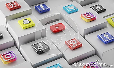 Most Popular Social Media Icon on 3D Rendering White Cubes Editorial Stock Photo