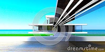 The most required design of the modern house in Britain. View of the calm summer ocean from the decked terrace. 3d rendering Stock Photo
