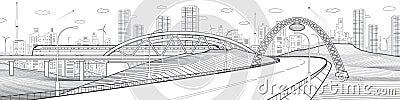 Highway under the bridge. Train rides. Modern city. Infrastructure illustration, urban scene. Black outlines on white background. Vector Illustration