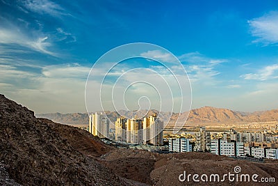 The most south Israeli city Eilat rustic urban Middle East region photography top view from outskirts desert mountains place on Stock Photo