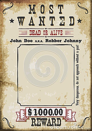 Most Wanted Poster $1000 dollar reward. A4 Sheet Proportions Vector Illustration